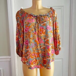 Hapsho Floral Peasant Top XL Women Boho Pastel Neck Blue Orange 70s Retro Hippie